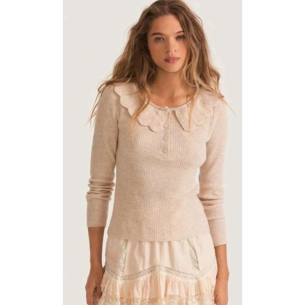 LoveShackFancy Siella Pullover Knit Henley Sweater Wheat Ribbed Ruffle Collar XS
